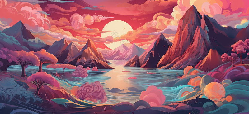 唯美山水河流桃林自然插画背景,插画/手绘图,插画/手绘图库,插画/手绘图下载,插画/手绘